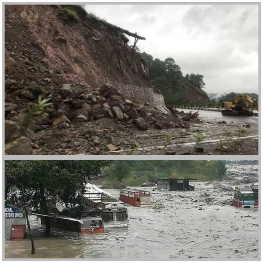 हिमाचल प्रदेश में भारी बारिश में तबाही भूस्खलन होने, बादल फटने, नदी नालों में आई बाढ़